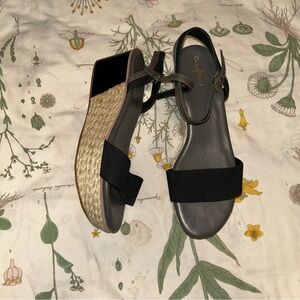 Cole Haan Women's Arden Platform Black Nubuck/Patent Leather Wedge Sandals 9.5B